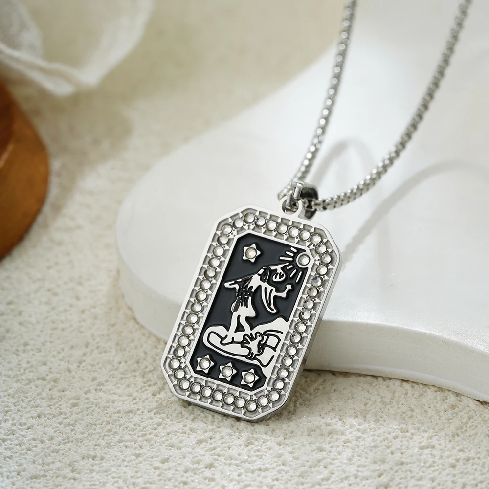 Silver Color Stainless Steel Square Tarot Card Palm Evil Eye Star Moon Sun Pendant Neckalce Zircon Unisex Punk Vintage Jewelry