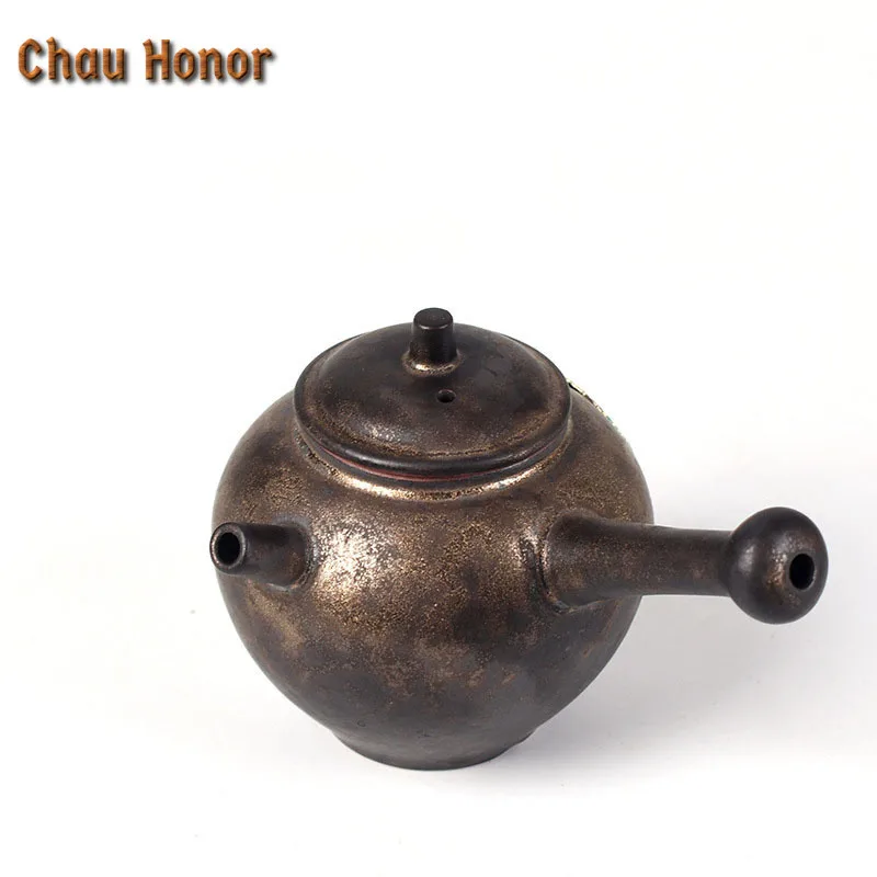 200ml Ancient Handmade Kiln Fambe Pottery Teapot Sprinkle Gold Glaze Applique Side Handled Teapot Dahongpao Teaware Gift Packed
