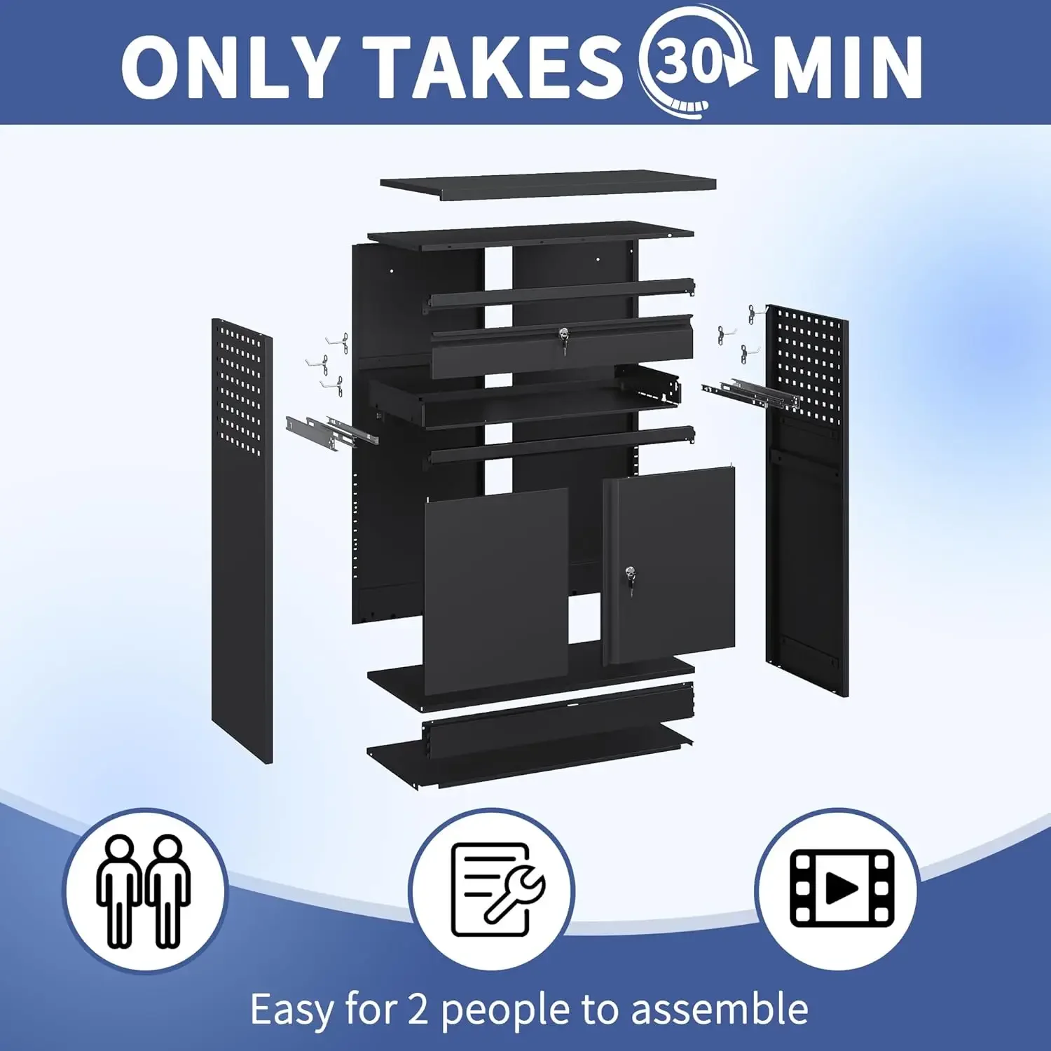 Storage with 1 Drawer, 41.2" Steel Lockable Storage with Side Pegboard, Locking Metal Cabinet for 4