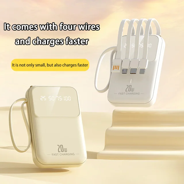 بنك طاقة محمول مدمج بقدرة 20000 مللي أمبير في الساعة مع كابل شحن مدمج مناسب لهاتف iPhone/Samsung/Xiaomi/Huawei Powerbank