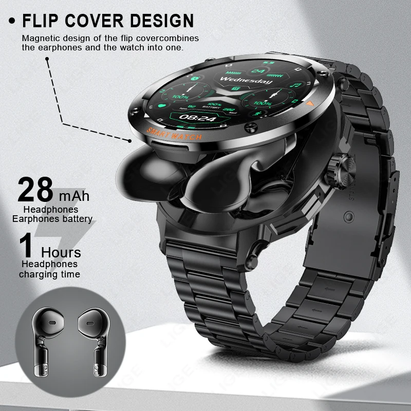 LIGE New 2 In 1 Smart Watch with Headphones Full Touch Screen TWS Bluetooth Earphones NFC Heart Rate Health Monitor Smartwatches