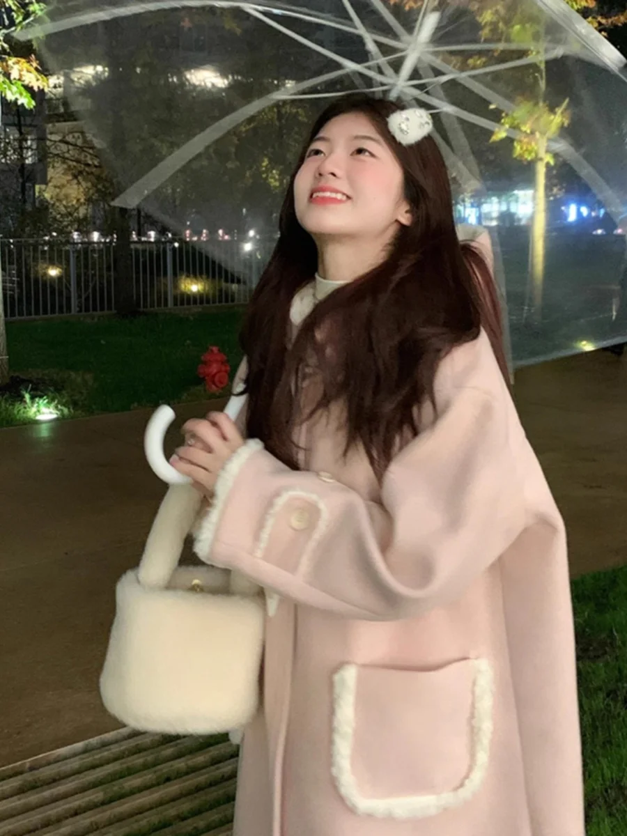 Thiened Long Fem Sle Albino Camel Hair Coat Pink Woolen Jaet with Detachable Hat Korean Sweet Sle Coat with Horn B...