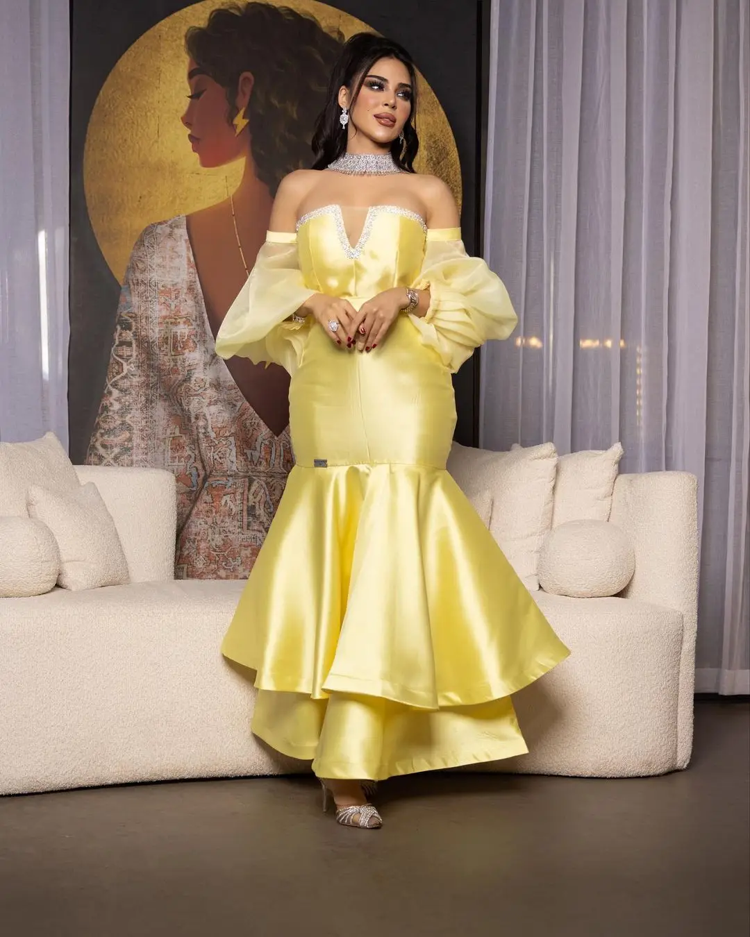 

Saudi Arabia Formal Women's Mermaid Prom Dresses V-Neck Elegant Evening Dresses Yellow Wedding Party Gown Vestidos De Fiesta
