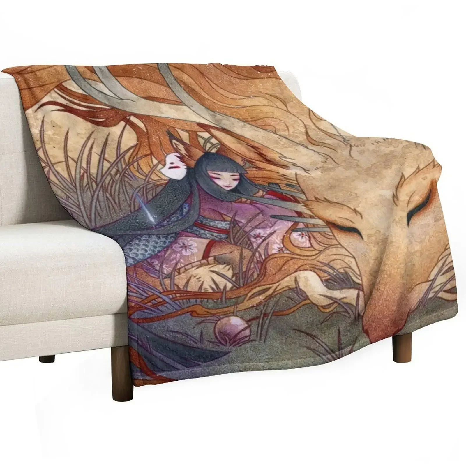 

Slumbering Kitsune and Dragon Throw Blanket valentine gift ideas fluffy bed plaid Blankets