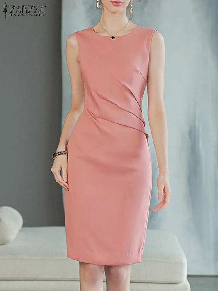ZANZEA 우아한 여성 민소매 슬림 OL 워크 원피스 캐주얼 바디콘 로브, 무릎 길이 선드레스, 솔리드 파티 패션, 여름 