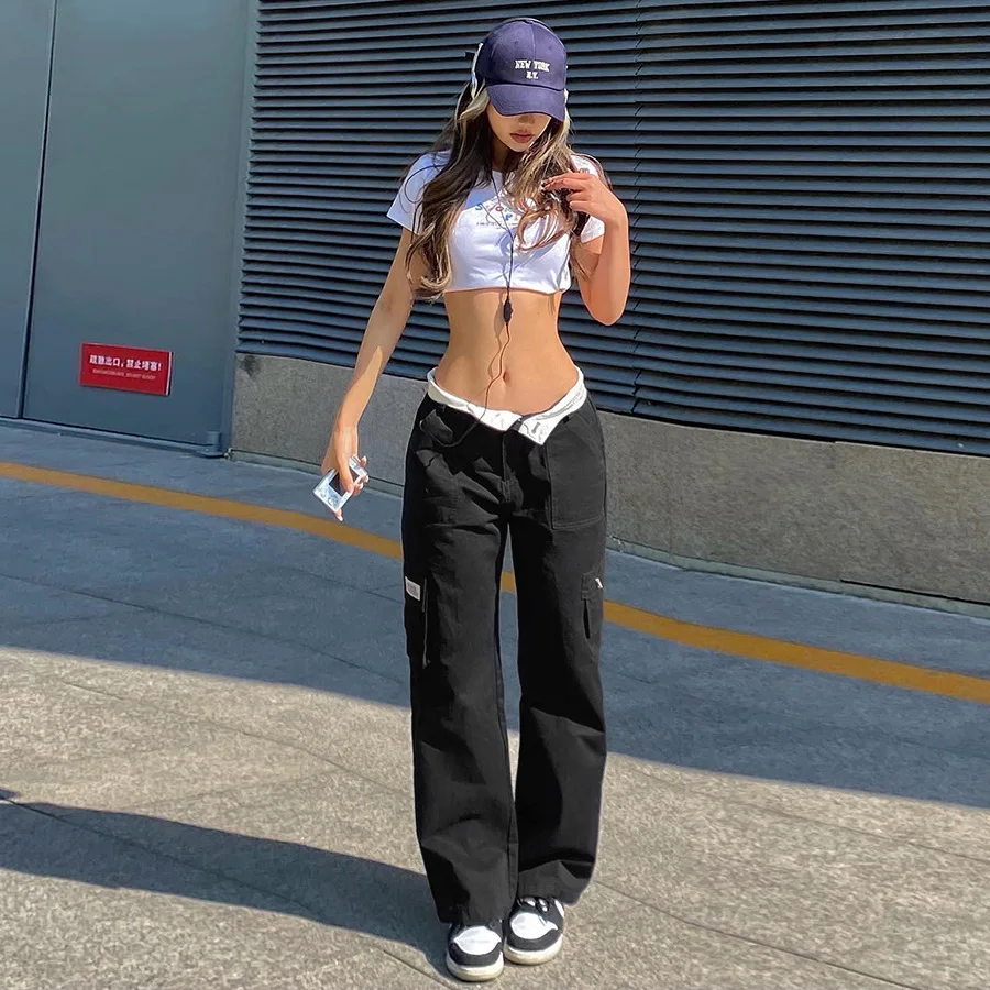 

Fashion Women Casual Cargo Pants Dark Blue Patchwork Straight-Leg Trousers With Multiple Pockets Street Style Hot Sale S M L