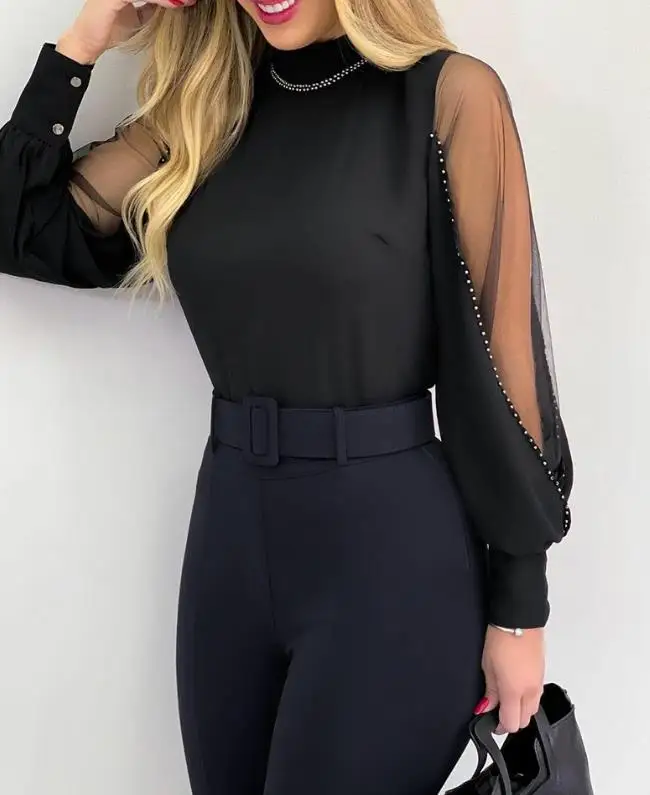 Women Blouses O-Neck Daily Rhinestone Contrast Mesh Long Sleeve Top zoctuo sexy rhinestone club women s jumpasuit overalls new long sleeve mesh see through one piece straight bodysuit outfit