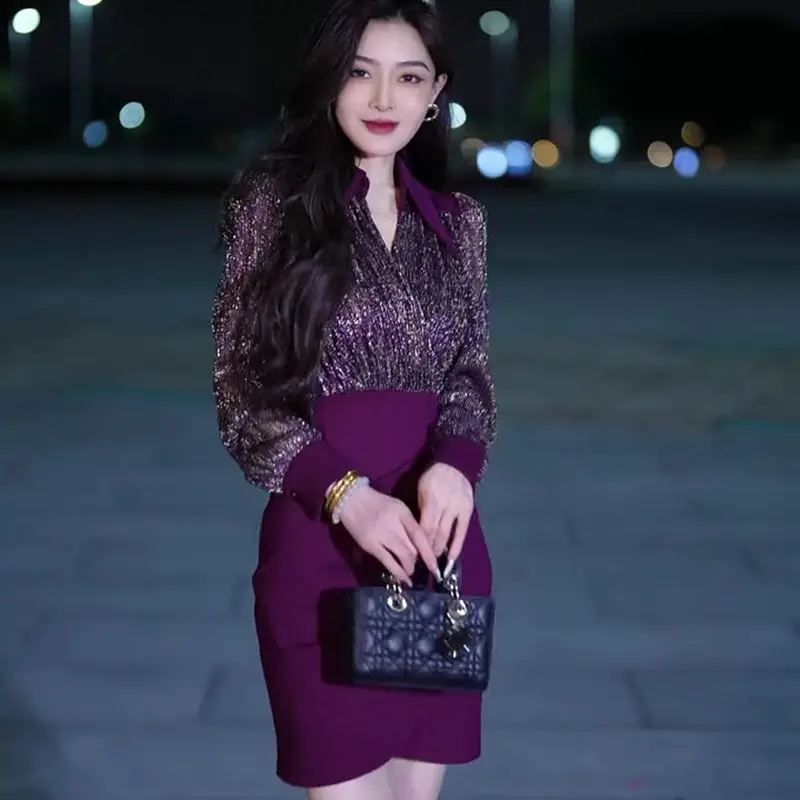 New Temperament Sexy Spicy Girl Dress for Women in Spring Spliced Slim Fit Fake Two-piece Waist Cinching Slimming Bag Dresses