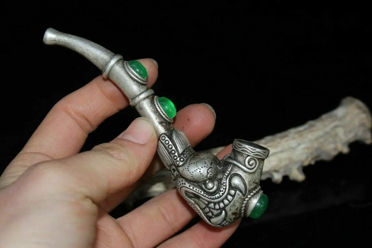 

Chinese Old Tibet Silver & Green Jadeite Jade Vintage Dragon Head Sm0king Pipe s