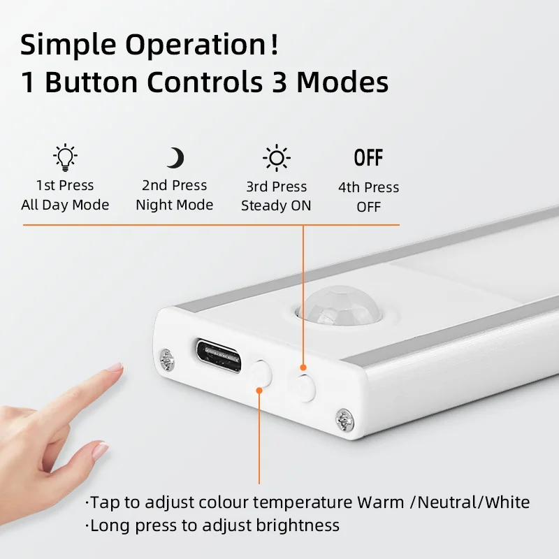 Motion Sensor LED Cabinet light 3 Color Dimming USB Rechargeable Induction Night Light Wireless Portable for Wardrobe Hallway
