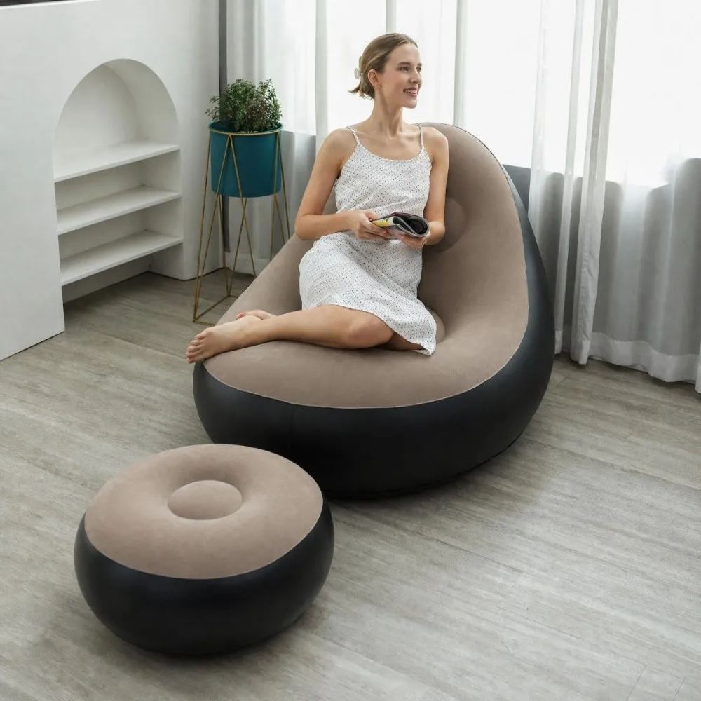 Canapé gonflable + repose-pieds, fauteuil inclinable pliable floqué épaissi, chaise longue portable pour intérieur/extérieur et camping à domicile