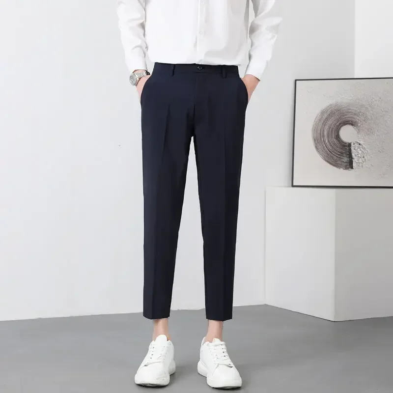 thumbnail image 1 of pantalones de traje para hombre, holgados, fluidos, de seda helada, rectos, drapeados, marrones, para trabajo, para oficina, elegantes, a la moda, 1 of 5