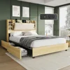 Bed Frame Full Size 4 Storage Drawers,Upholstered Bed Frame 47.2" Bookcase Headboard,Charging Station/No Box Spring Needed/Maple 2