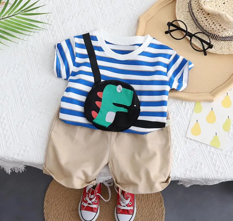 

Summer Baby Boy Clothes 1 to 2 Years Striped cartoon backpack tops Short Sleeve T-shirts and shorts 2pcs Kids Boys Outfit Set