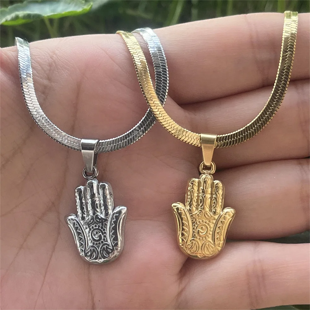 Hamsa mão pingente colar feminino masculino amuleto de aço inoxidável  espinha de peixe cobra corrente mão de fátima gargantilha jóias islâmicas -  AliExpress, image size:1000x1000