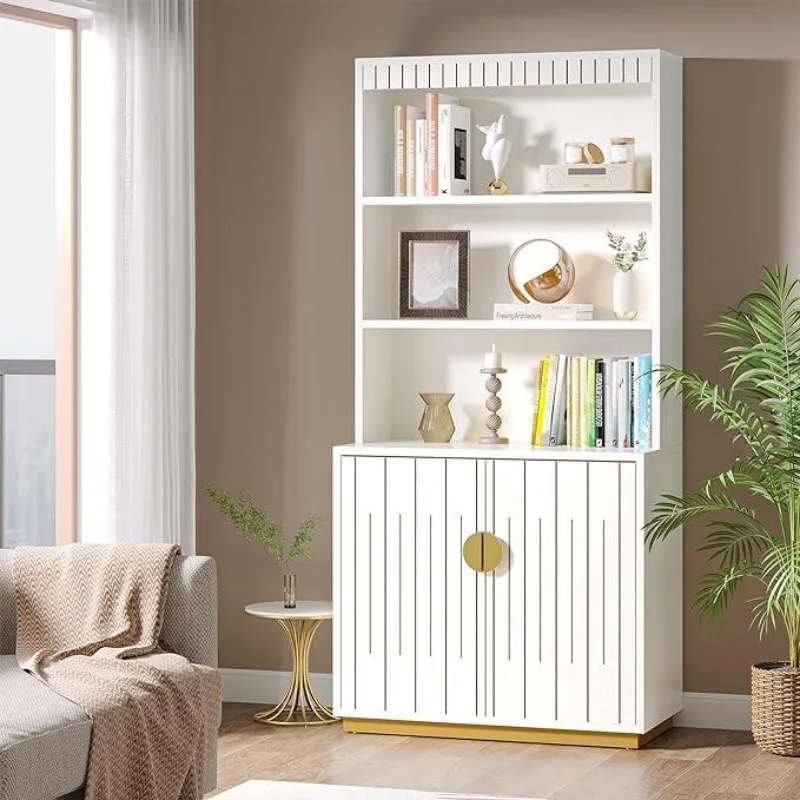 

Tribesigns Modern White and Gold 5 Tier Bookshelf, 67 Inch Tall with Doors and Open Storage Shelves for Living Room, Home Office