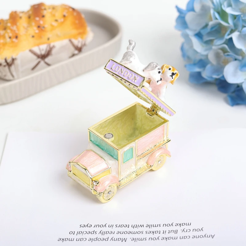 SHINNYGIFTS New Christmas Gifts London Dogs on the truck Enamel Metal Trinket Box Jewelry Gift Box 4