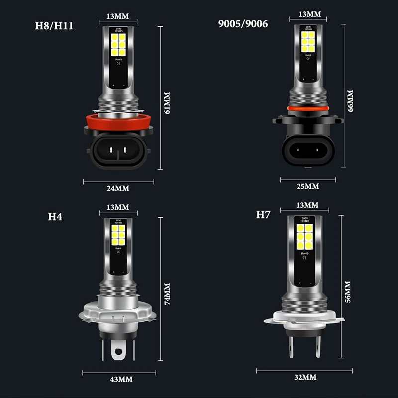 H8 LED H11 H1 9005 9006 HB3 HB4 H7 H3 H4 Car Fog Lights 1PC With 3030 Chips 12LED 6000K White Auto Fog Lamp Day Running Light 12V led car lights,led lights