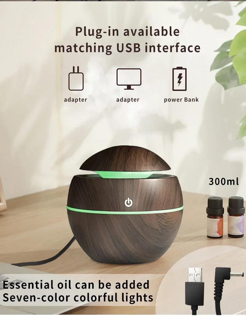 Wood Grain Usb Mini Humidifier With Colorful Mushroom Shaped Led Light For Home 1pc 200ml Aromatherapy 300ml aroma essential oil diffuser 8 hours wood grain cool mist aromatherapy diffuser with remote control 7 color light changing