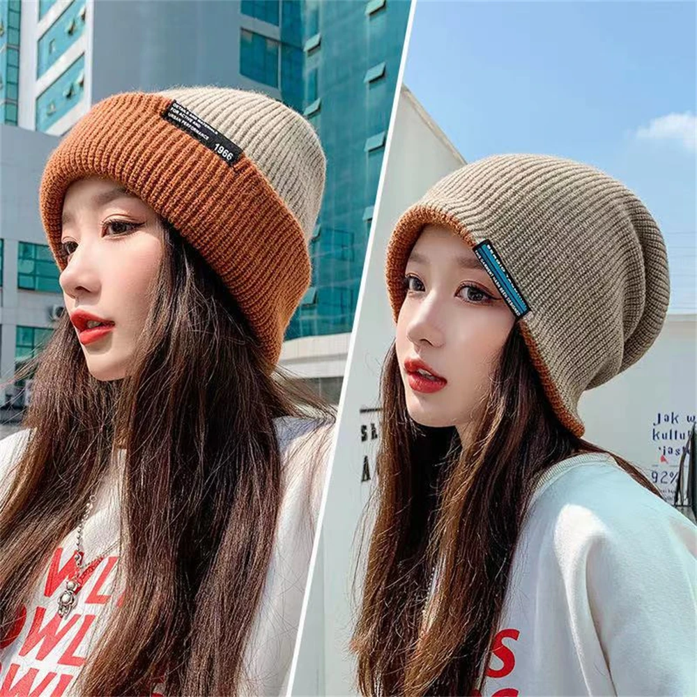 

Unisex Winter Loose Double-Layer Thick Warm Knitted Hat Double-Sided Contrast Color Woolen Hat Dome Patch Age Reducing Hat