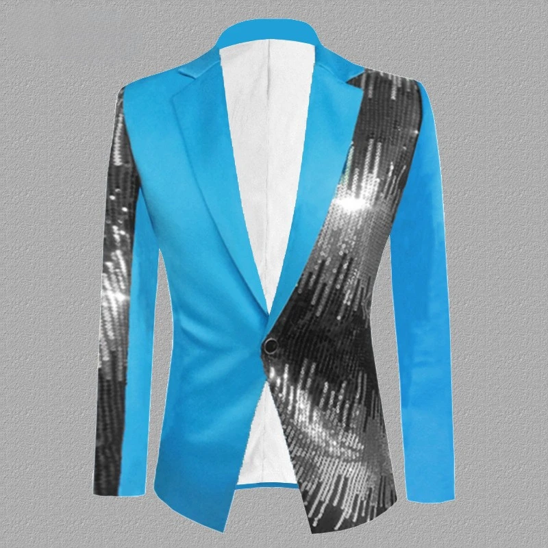 Fashion Men's Sequin Suit Jacket Blue Red Stage Party Dance Singer Nightclub Costume Top Slim Fit Performance Dress Blazer Coat