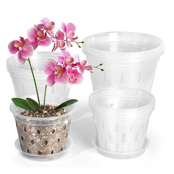 5Pcs 11/12.5/14/15/17cm Planter Pots with Side Holes Orchid Flowerpot with Trays Breathable Transparent Plastic  Flowerpot