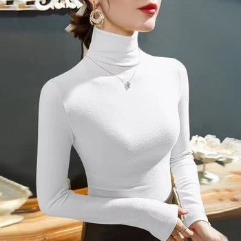 2025 Fashion Autumn Winter Female Turtleneck Fleece Stretch Shirt Women Long Sleeve T-shirt Warm Basic Pullover Bottoming Tops 1