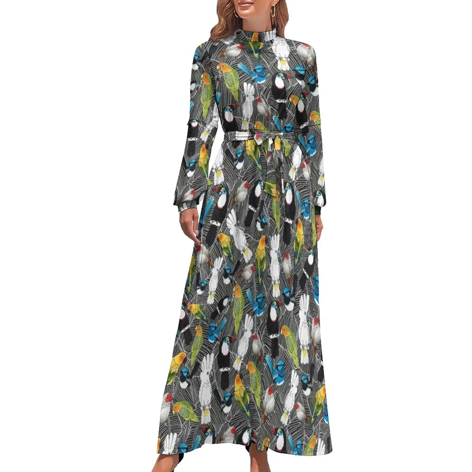 

Colorful Parrot Print Dress Birds Of Paradise Trendy Pattern Maxi Dress High Waist Long Sleeve Streetwear Bohemia Long Dresses