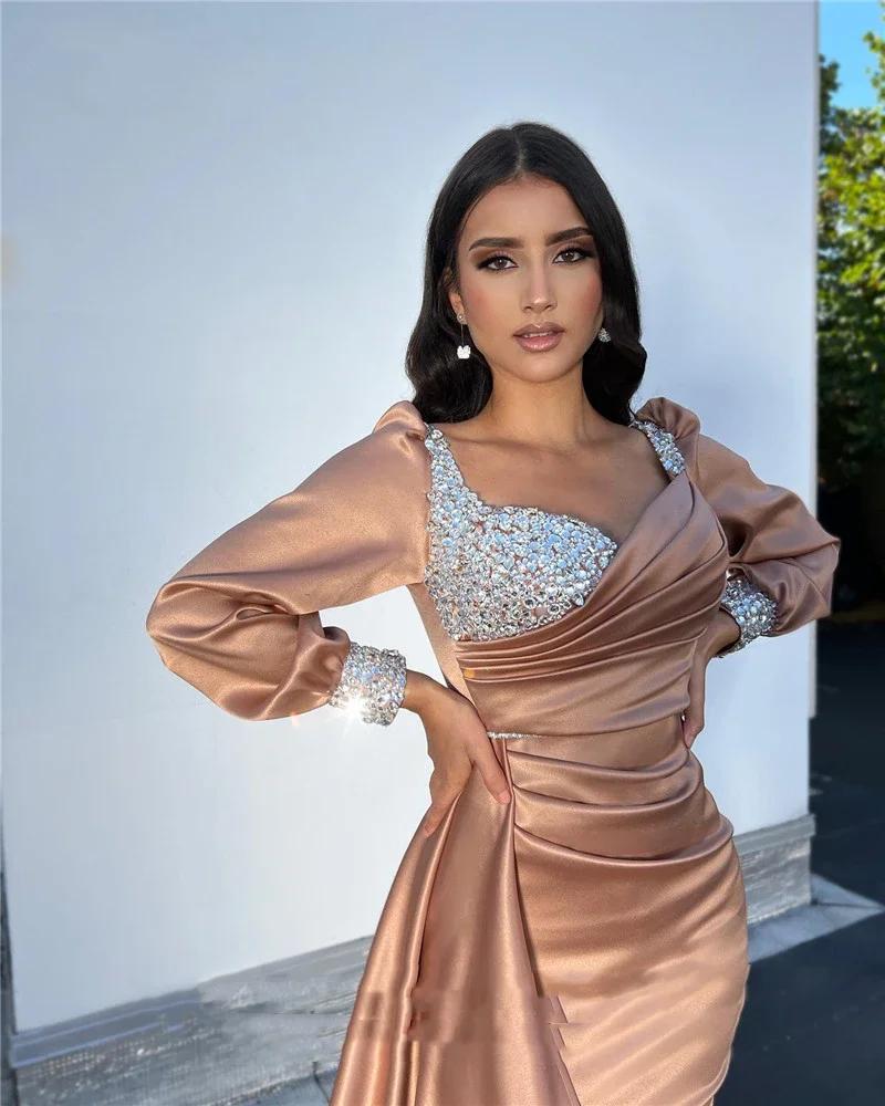 

Kiss Dress Elegant 2023 Orange Pink Long Sleeve Satin Sweetheart Evening Gowns Mermaid Crystal Diamond Beaded Party Dresses