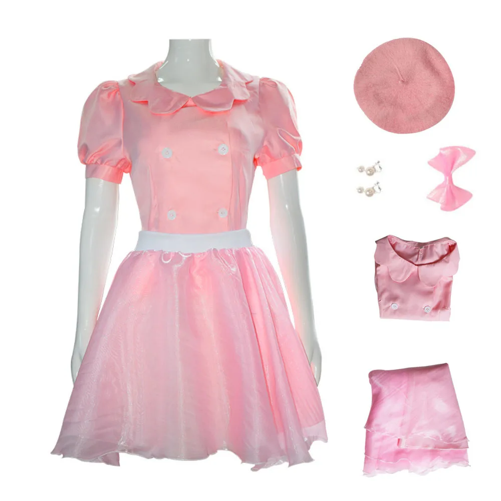 

Movie Margot Cosplay Costume Women Pink Tops Yarn Skirt Hat Earings Full Set Girls Princess Role Play Suit Halloween Party