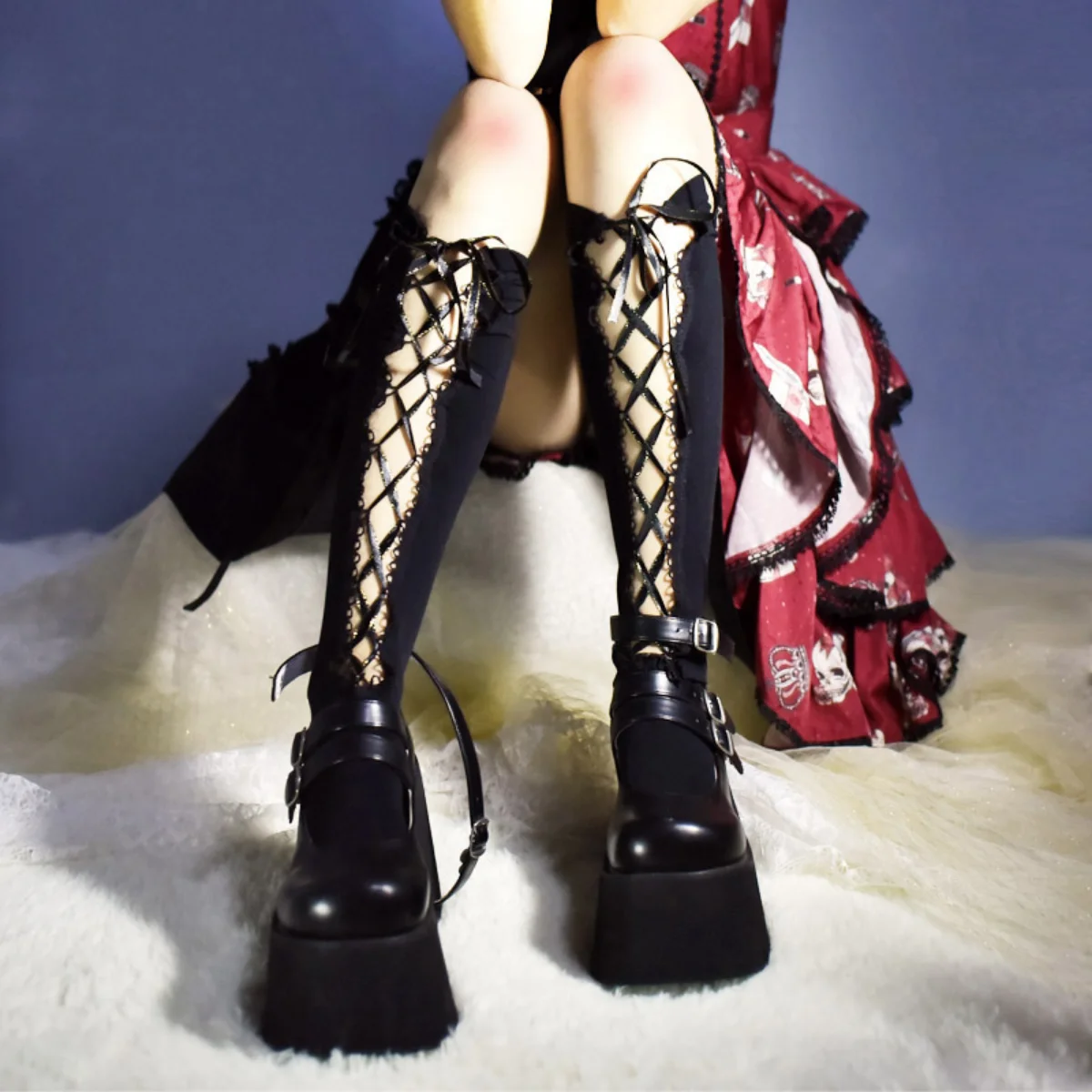 Lolita Japanese Style Cute Girls Lace-up Half Sexy Stockings Women's Tube Socks Elastic Hollow-out Middle Black Stockings