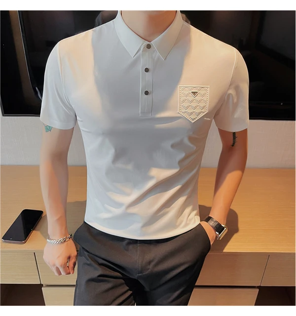 Brand Pocket Print Lapel Polo Shirts Men Summer Short Sleeve