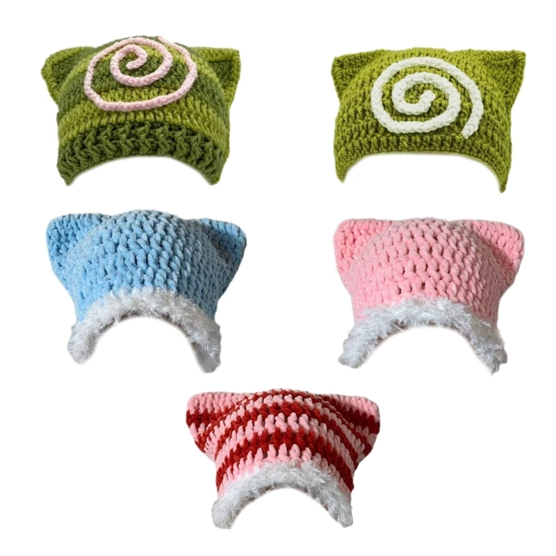 

MXMB Winter Knit Cat Ear Hat with Plush Brim Keep Warm Hat Windproof Hat for Adult