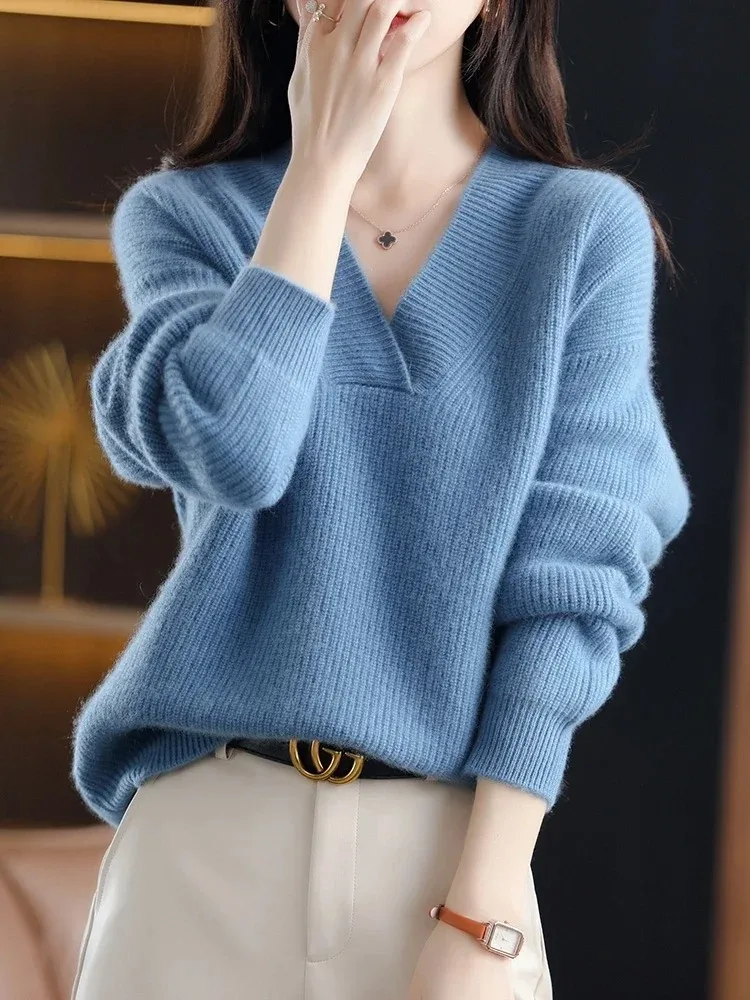 Women Long Sleeve Knitted Sweater V Neck Winter Casual