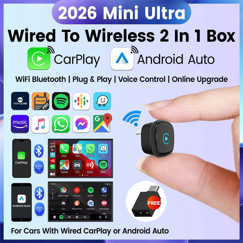 2026 Mini Ultra 4 CarlinKit 5.0 2-in-1 Wireless Adapter für Android Auto & CarPlay Smart Car Box Plug & Play Online-Upgrade