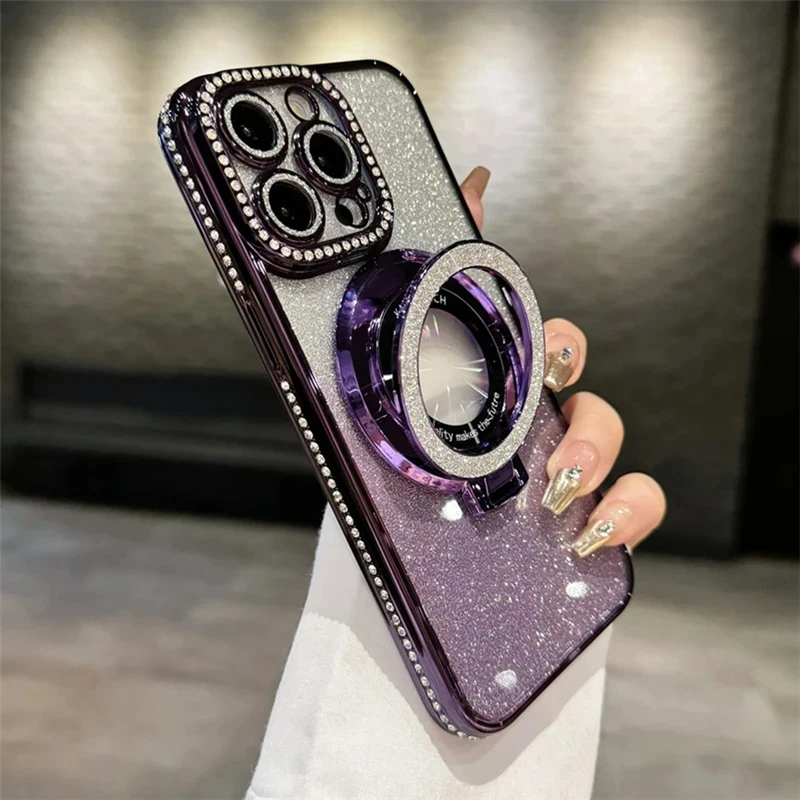 Luxury Plating For Magsafe Magnetic Stand Holder Glitter Diamond Case For iPhone 15 11 12 13 14 Pro Max Plus Soft Silicone Cover