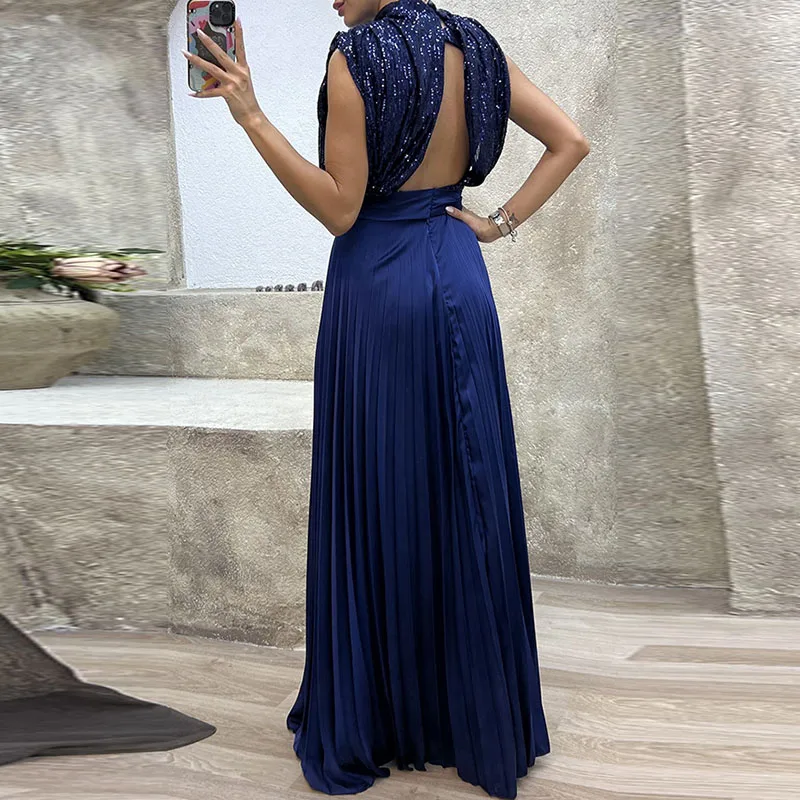

2024 New Spring Glitter Sequin Shiny Evening Dress Womnen Sexy Backless Spliced Pleated Long Dress Summer Lace-up Bow Maxi Dress