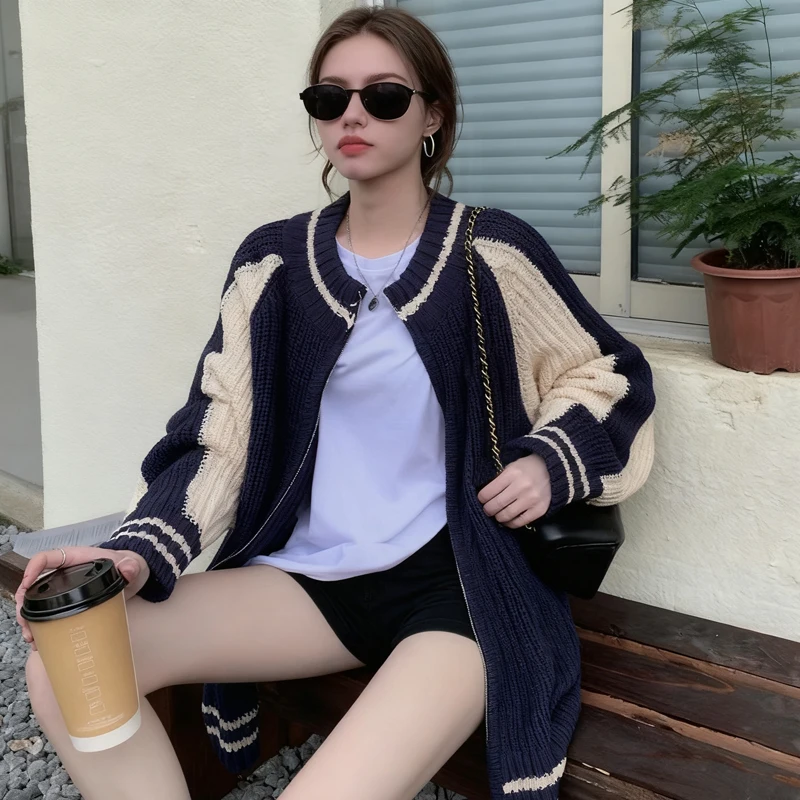New Autumn and Winter Women's Clothing O Neck Shoulder Sleeve Color Matching Cardigan Sweater Elegant Loose Zipper Casual Coat
