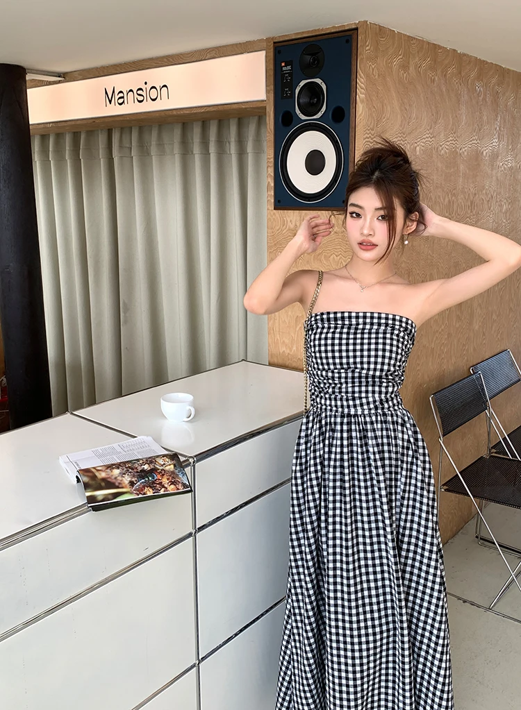 Casual Strapless Midi Dresses for Women Striped Sleeveless A-line Korean Chic Summer New Party Dress Vestidos Mujer