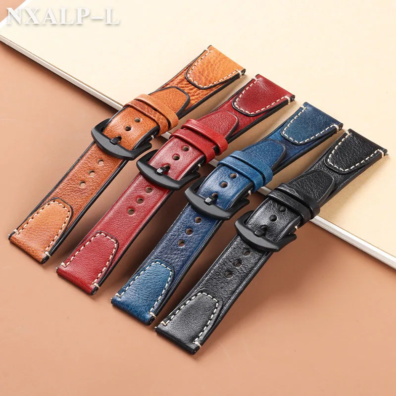 Vintage Genuine Leather Watch Band with Stitching - Retro Cowhide Quick Release Strap