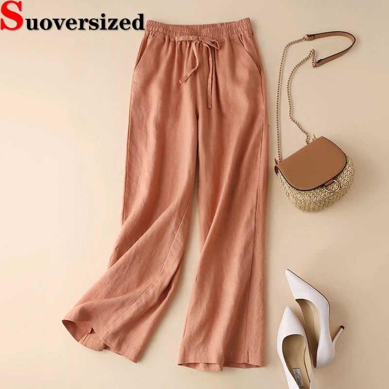 

Oversized Cotton Linen Pants Elastic High Waist Wide Leg Pantalones Summer Baggy Thin Spodnie Casual Women's Straight Trousers