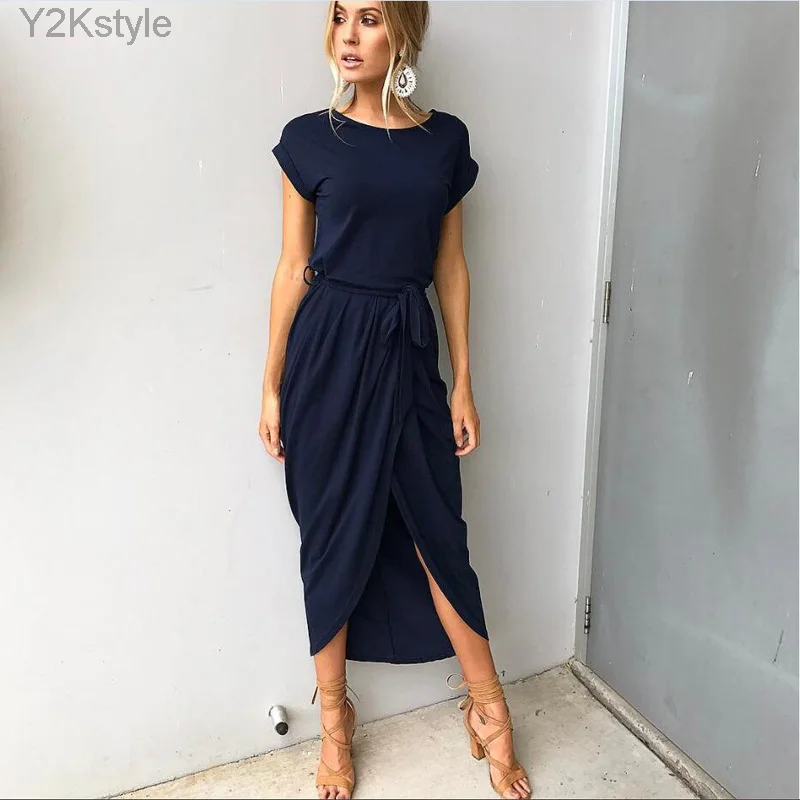 

2023 Summer Beach Maxi Dress Women Floral Solid Short Sleeve Shirt Dress Casual Sexy Bandage Dress Robe Femme Vestidos Plus Size