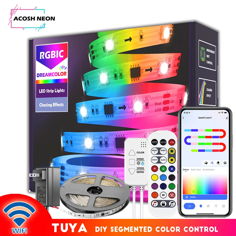 WS2811 LED Strip Lights,65.6ft/20M TUYA RGBIC LED Lighting WiFi Waterproof Smart Tape Music Sync Light Strip Smartlife APP