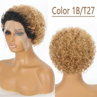 Perruque coupe lutin crépus bouclés perruque de cheveux humains miel blond bordeaux couleur courte bouclée Bob perruques pré plumées 13x1 perruques frontales en dentelle 4