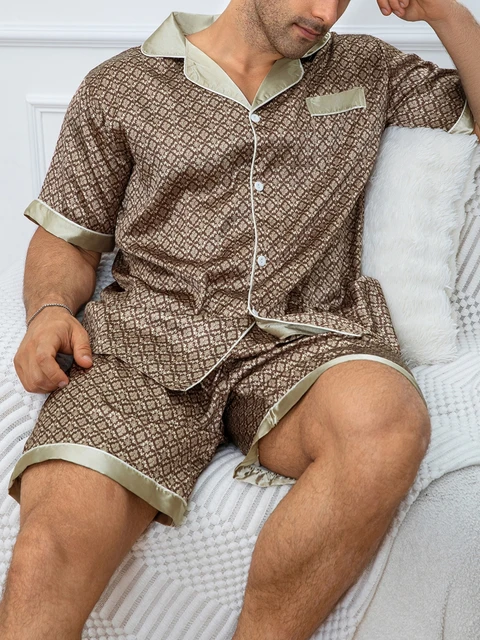 Ensemble pyjama imprimé à carreaux pour hommes, haut à revers à manches courtes et Short élastique, confortable, parfait pour les vêtements de nuit d'été, vêtements de détente 1