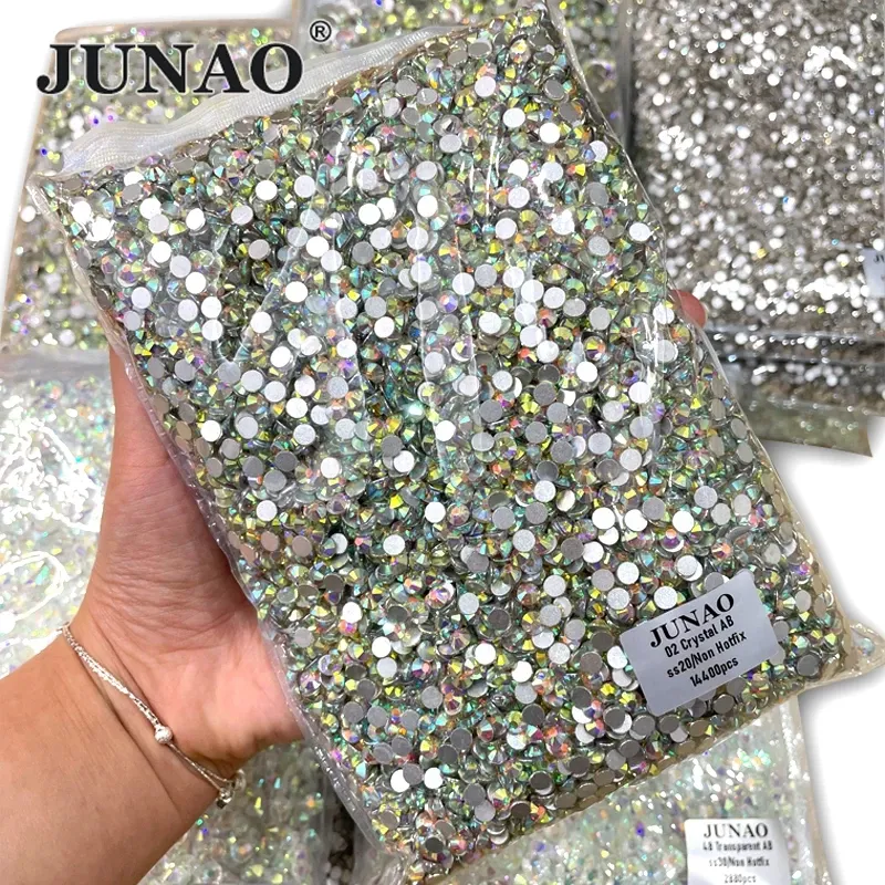 JUNAO Wholesale SS6 SS8 SS10 SS12 SS16 SS20 SS30 Glass Rhinestones Flat Back Strass Non Hotfix Crystals For DIY Nail Decoration