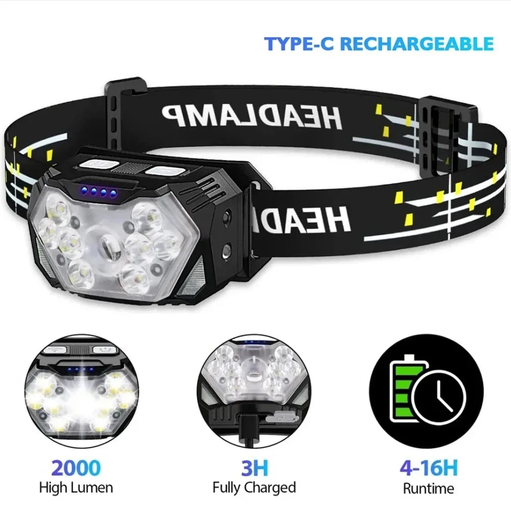 Lampe frontale rechargeable USB avec détecteur de mouvement 9 LED pour pêche camping et travail