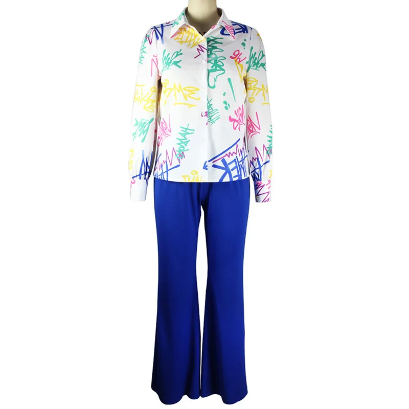 Fashion Turn-down Collar Printing Long Sleeve Shirt Casual Elastic Waist Blue Wide Leg Pants Two Piece Set Women Plus Size Sets