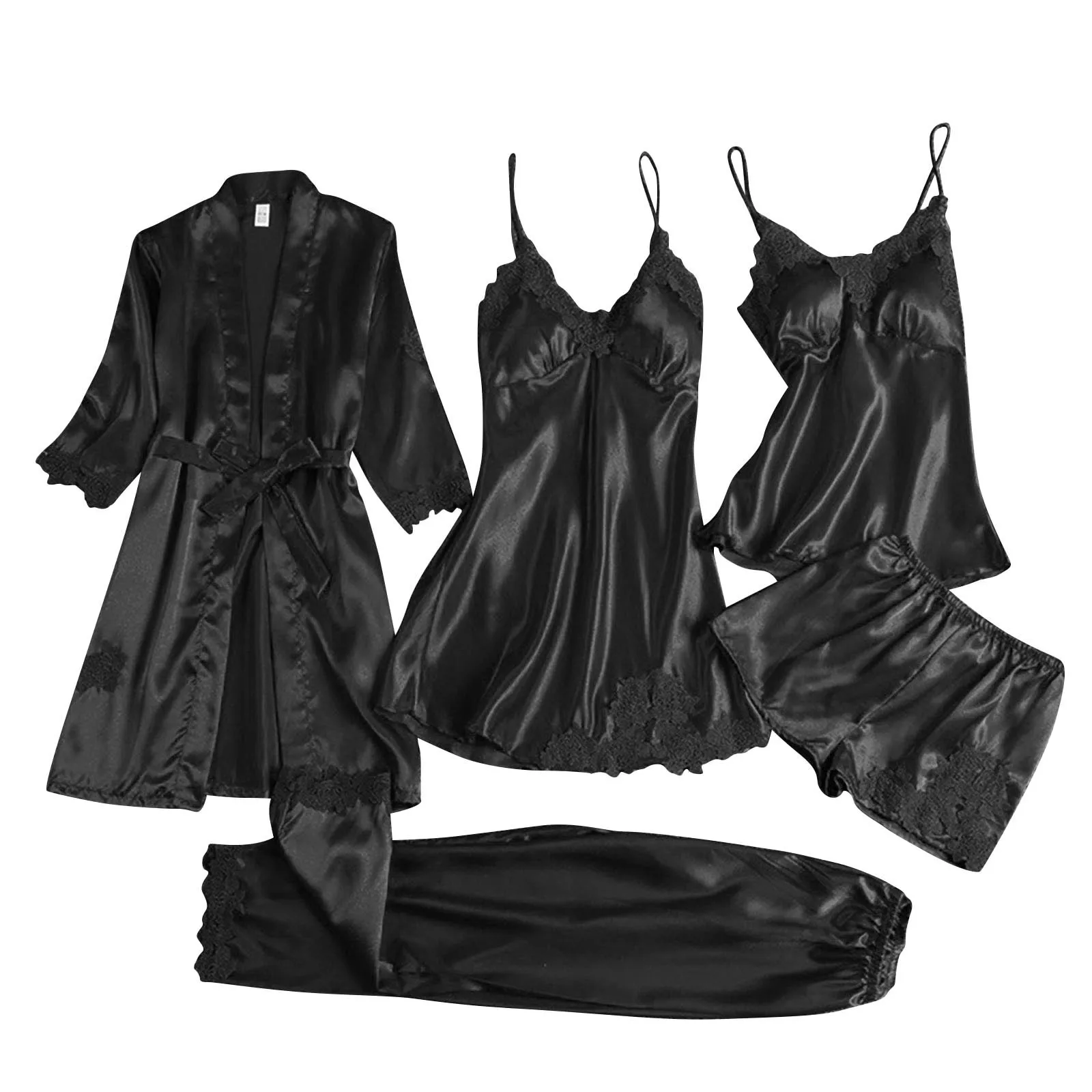 Women Pajamas Set Women Pajama Suit Ladies Satin Pajamas Set 5 Piece Pajamas Silk Like Lace Satin Short Set Ladies Night Gowns for Summer est Night Shirt