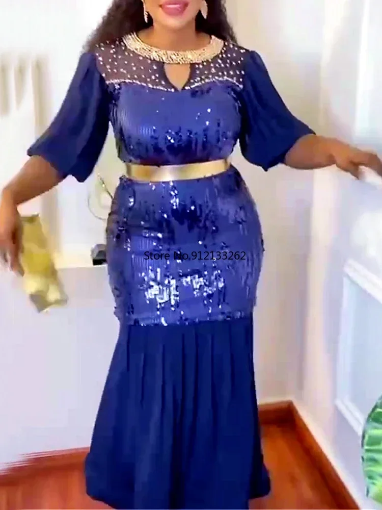 

Африканские платья для женщин с круглым вырезом и блестками Дашики Анкара свадебное вечернее платье сексуальное облегающее длинное платье африканская одежда